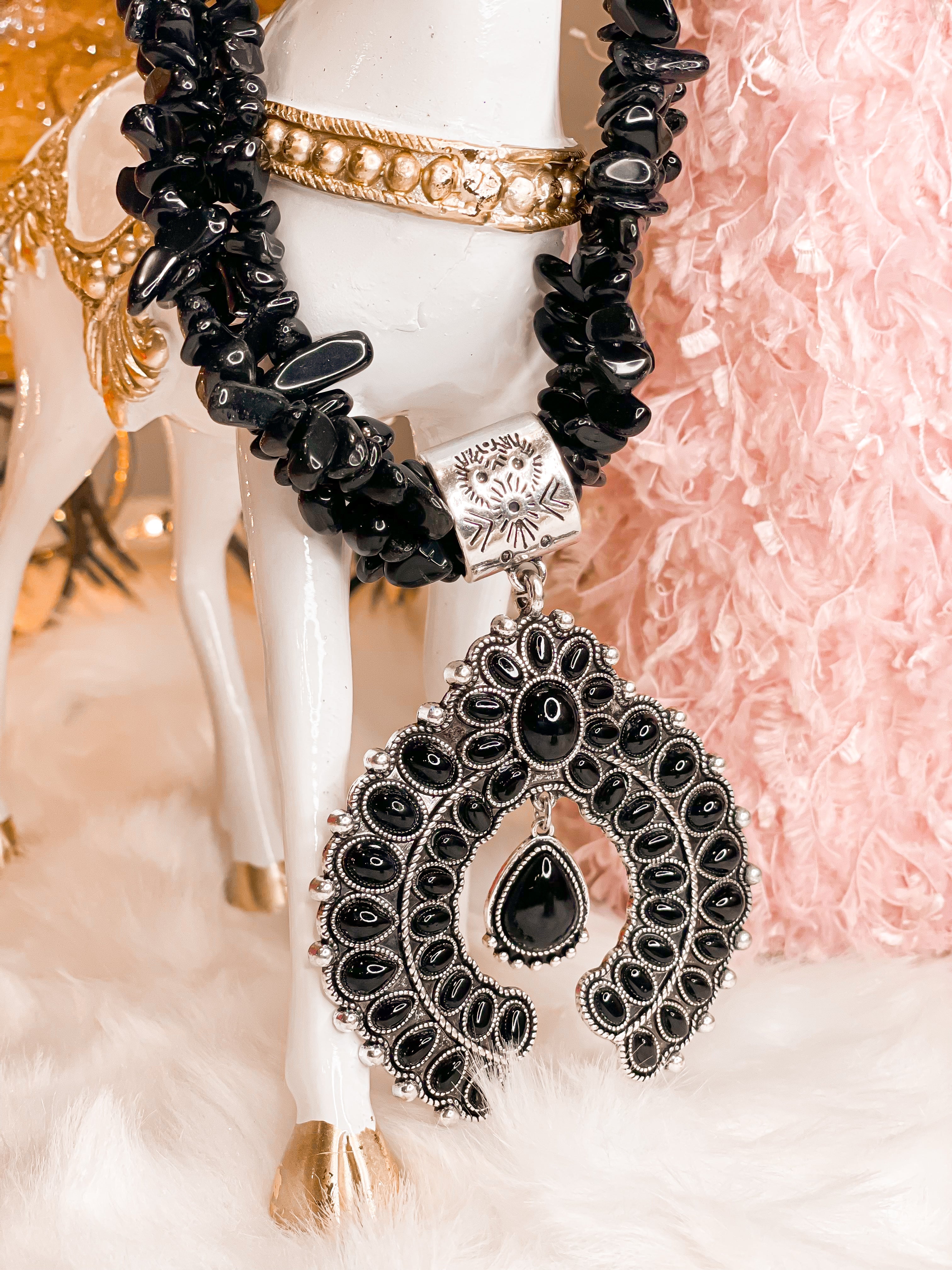 Black Stone Squash Blossom Necklace & Earrings Set