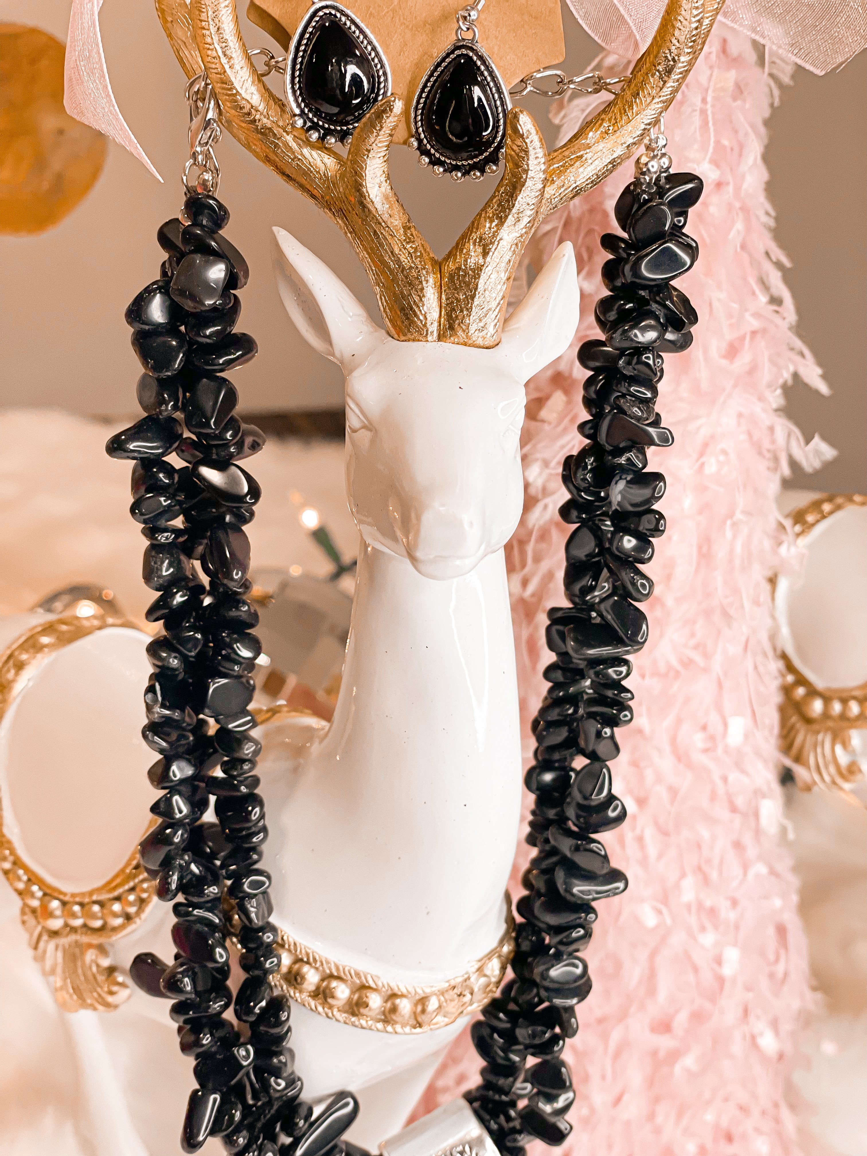 Black Stone Squash Blossom Necklace & Earrings Set