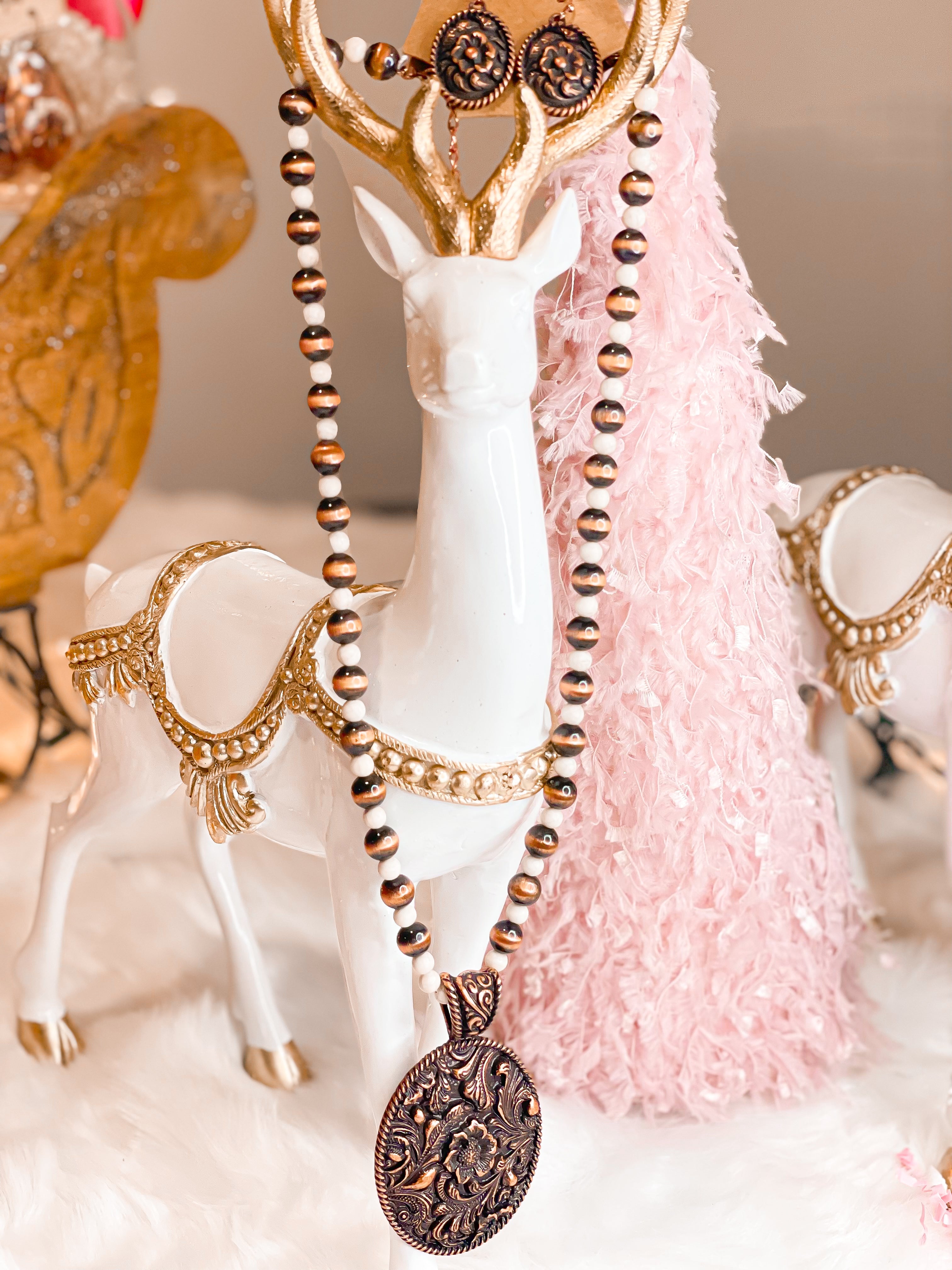 Copper Rose Necklace & Earrings Set