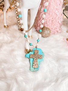 Turquoise & Gold Cross Beaded Long Necklace Set