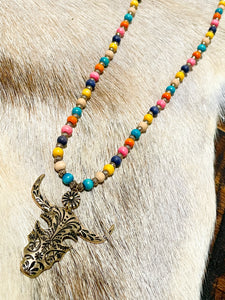 Antique Gold Metal Bull Head Beaded Necklace