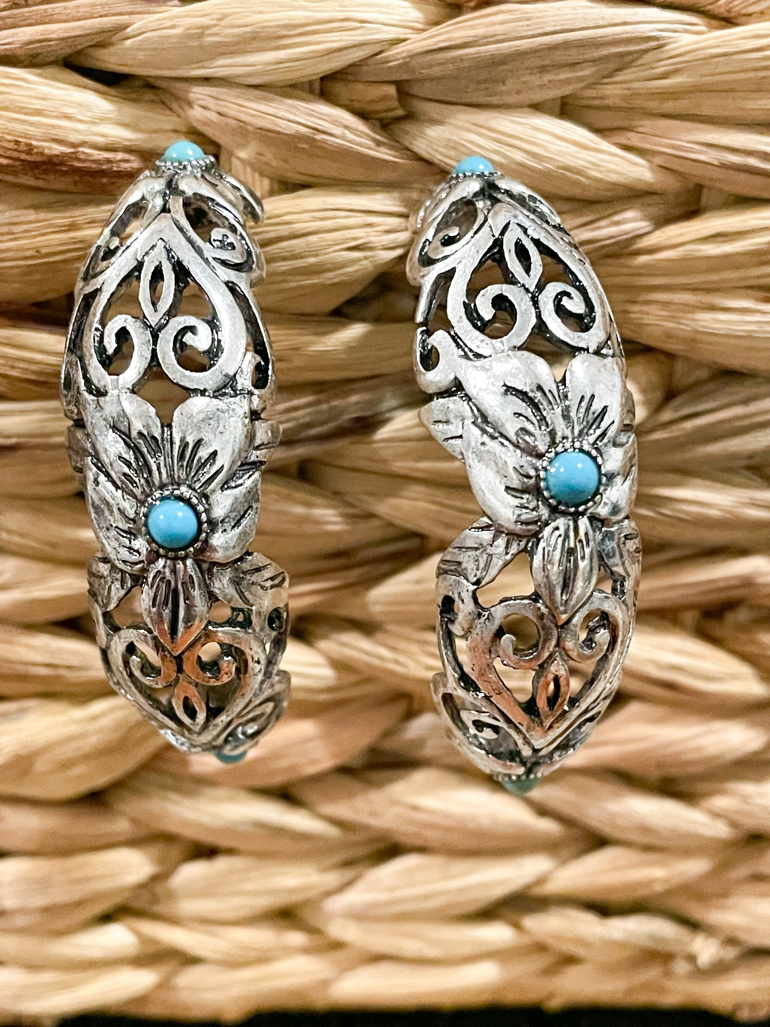 Antique Silver & Turquoise Half Hoop Earrings