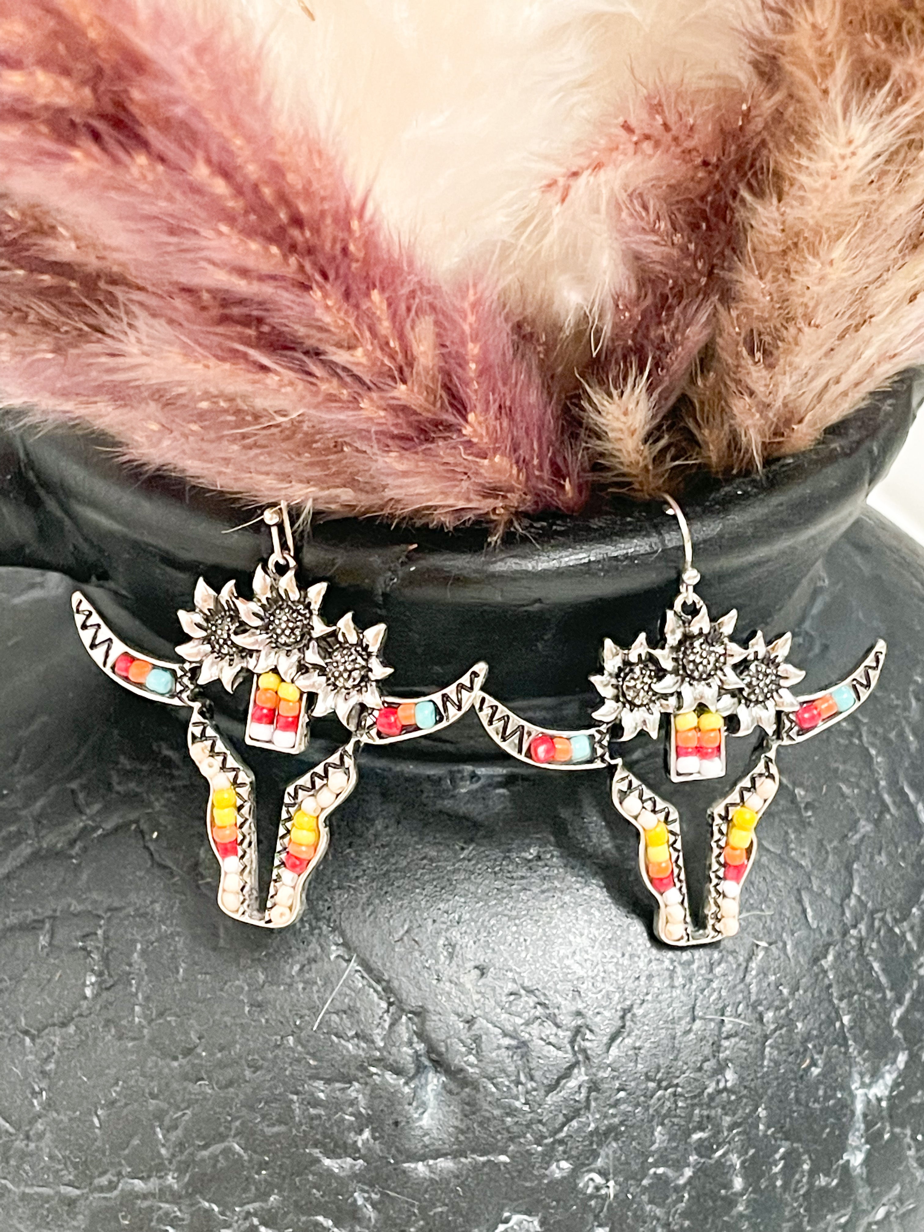 Bull Head Sunflower Silver Earrings