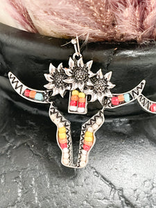 Bull Head Sunflower Silver Earrings
