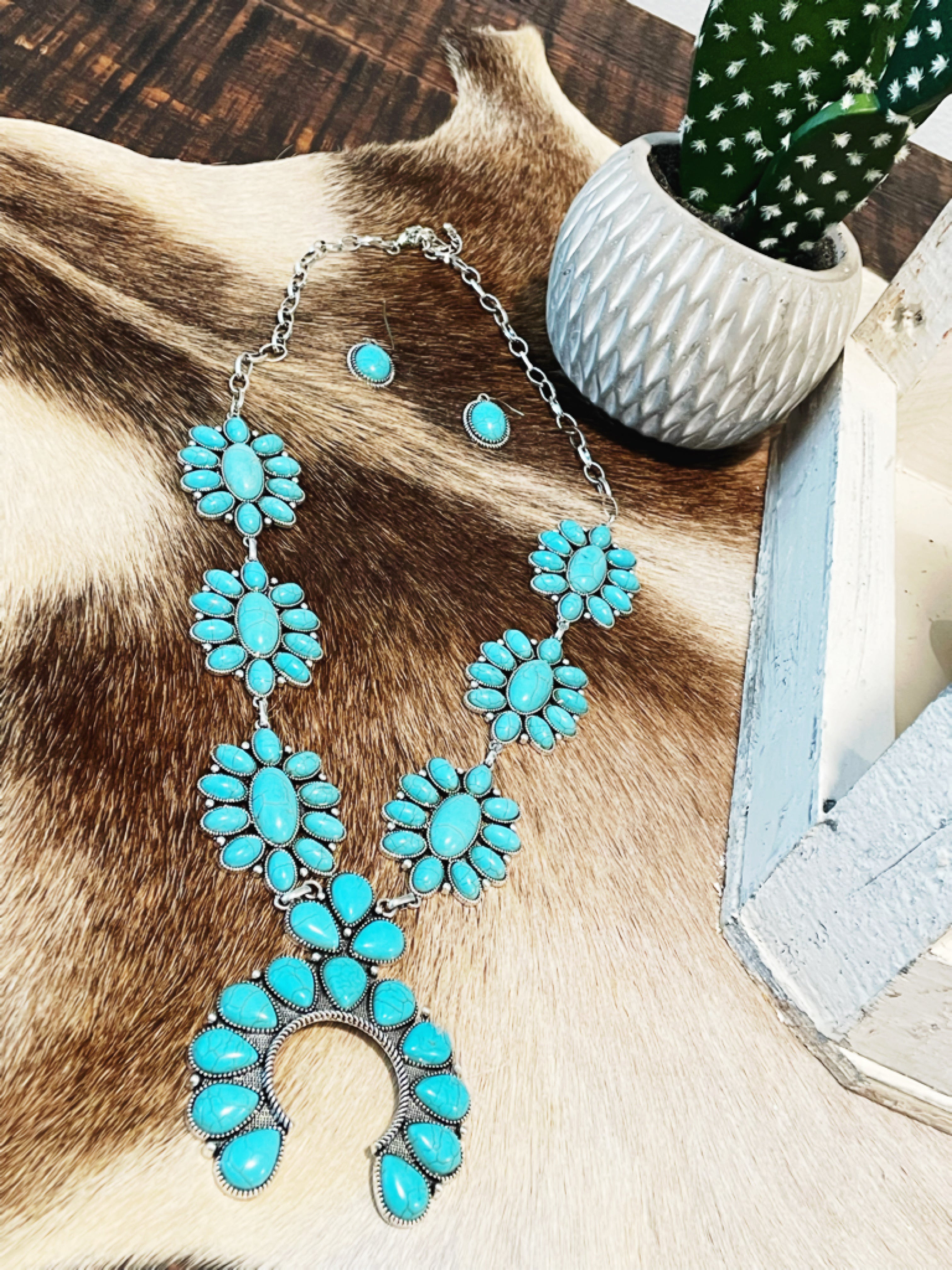 Squash Blossom Turquoise Necklace & Earring Set