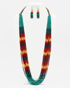 Turquoise and Sunset Multi Strand Seeded Necklace & Earring Set-SOLD