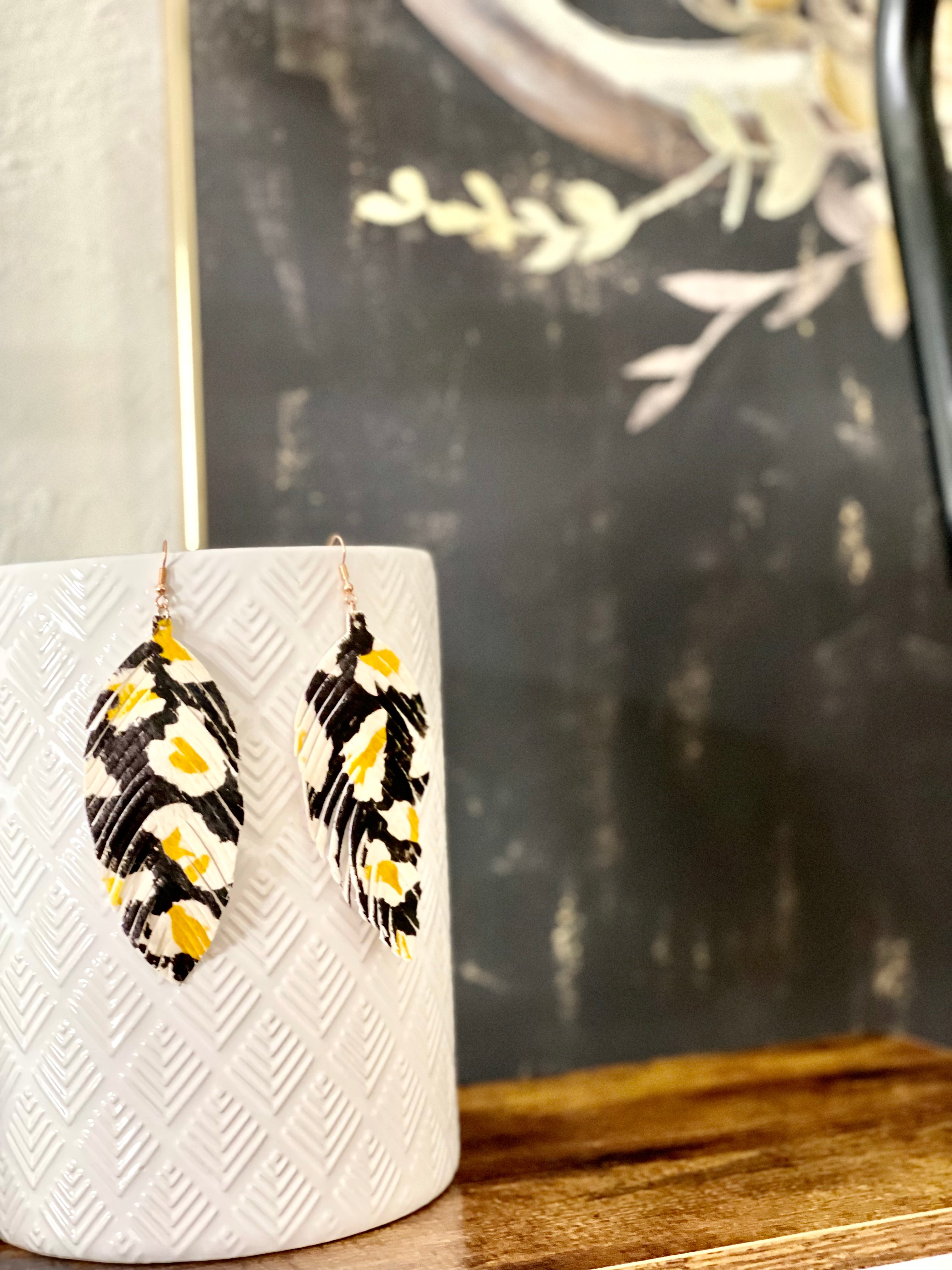 Yellow and Black Leopard Feather Earrings-SOLD OUT